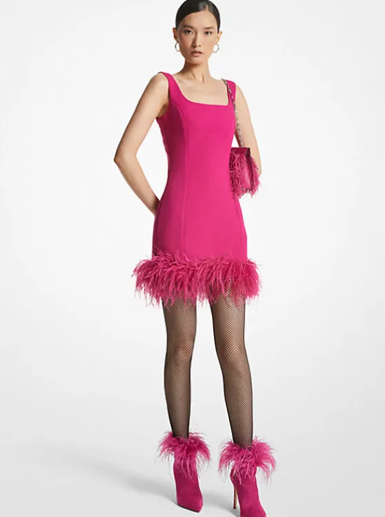 Michael Kors Feather Trim Stretch Crepe Shift Dress DEEPFUCHSIA Flash Sale