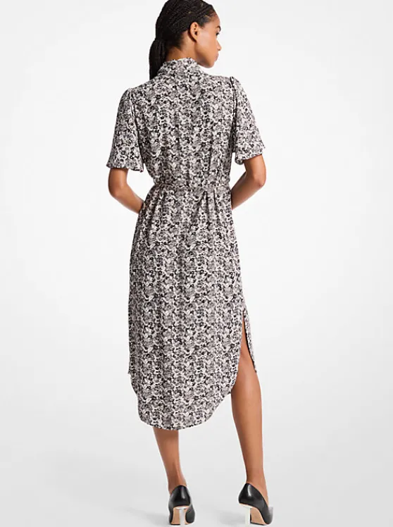 Michael Kors Floral Crepe Belted Dress BLACK Clearance