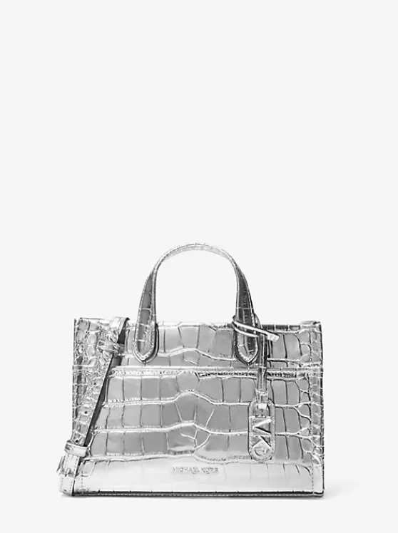 Michael Kors Gigi Small Metallic Crocodile Embossed Leather Messenger Bag SILVER Store