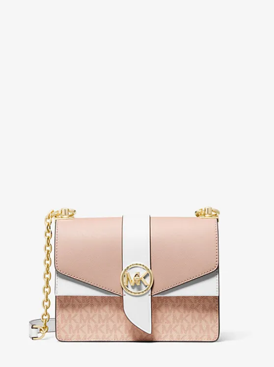 Michael Kors Greenwich Small Color-Block Logo and Saffiano Leather Crossbody Bag VANILLA/ACORN Best Sale