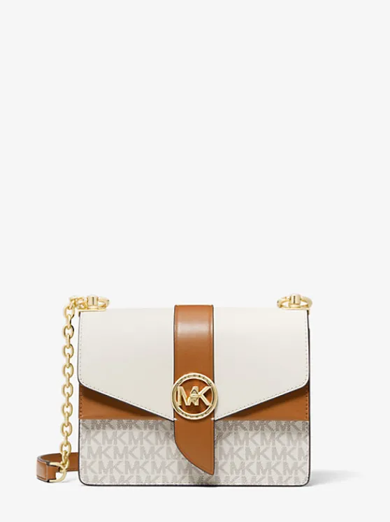 Michael Kors Greenwich Small Color-Block Logo and Saffiano Leather Crossbody Bag VANILLA/ACORN Best Sale