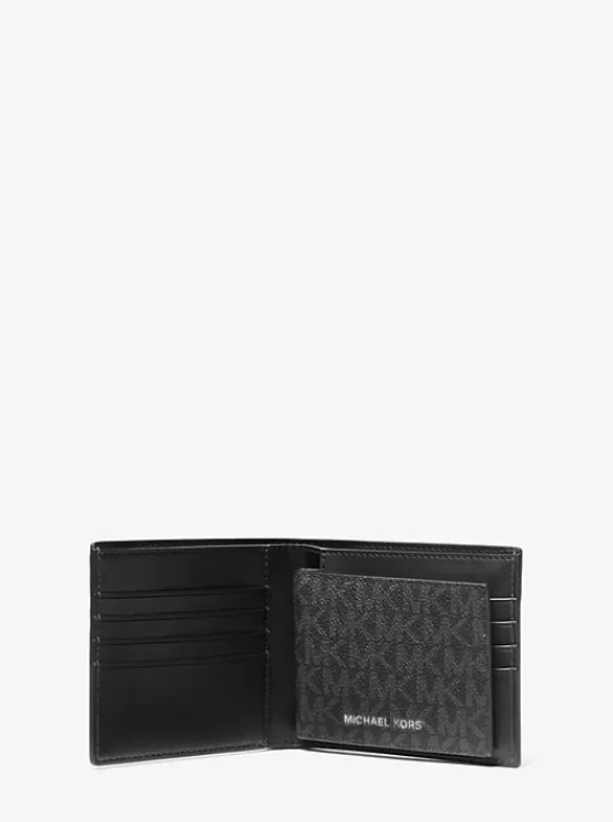 Michael Kors Harrison Logo Billfold Wallet With Passcase BLACK New