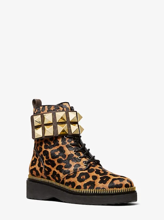 Michael Kors Haskell Studded Printed Calf Hair Combat Boot BUTTERSCOTCH Sale