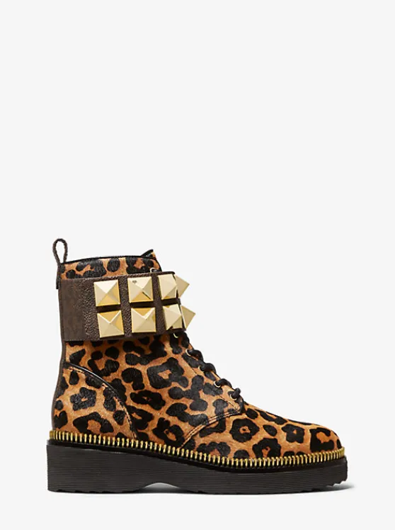 Michael Kors Haskell Studded Printed Calf Hair Combat Boot BUTTERSCOTCH Sale