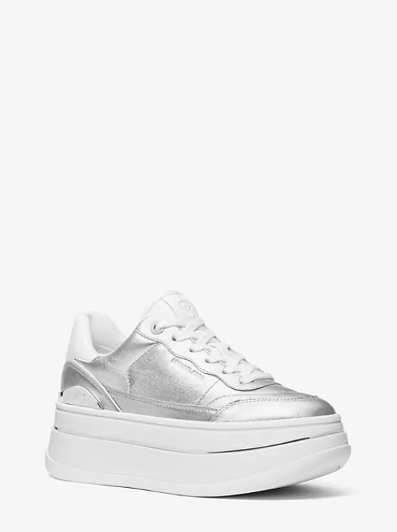 Michael Kors Hayes Metallic Leather Platform Sneaker SILVER Flash Sale