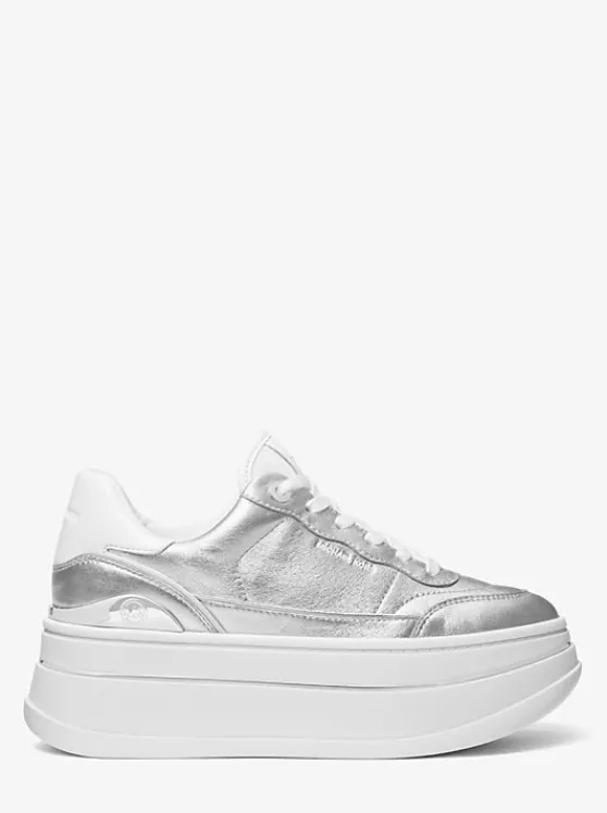 Michael Kors Hayes Metallic Leather Platform Sneaker SILVER Flash Sale