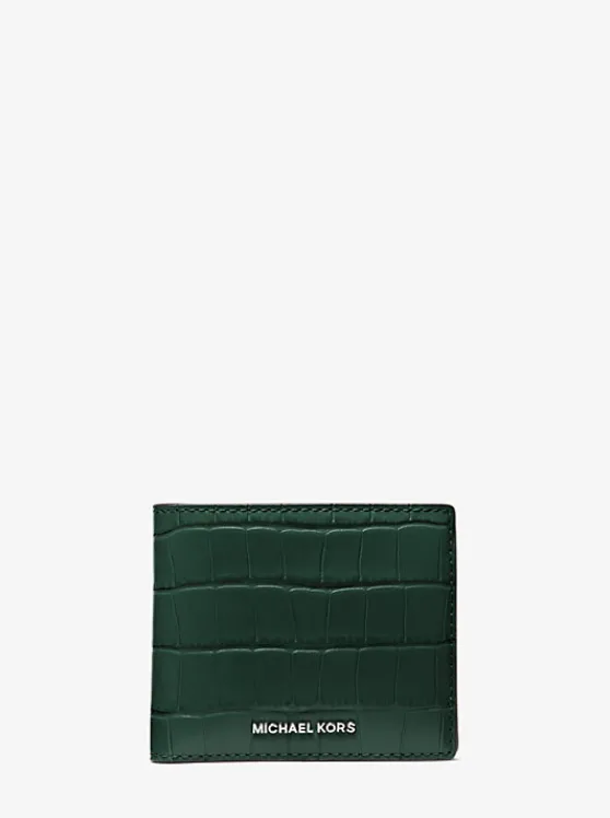 Michael Kors Hudson Crocodile Embossed Leather Billfold Wallet FORESTGREEN Store