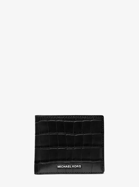 Michael Kors Hudson Crocodile Embossed Leather Billfold Wallet BLACK Sale