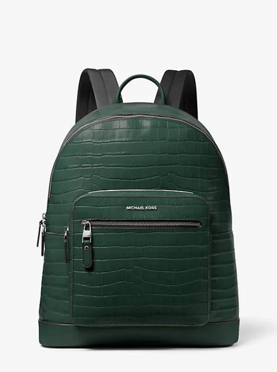 Michael Kors Hudson Crocodile Embossed Leather Commuter Backpack FORESTGREEN Best