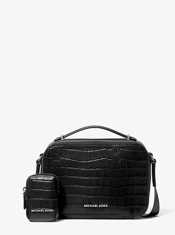 Michael Kors Hudson Crocodile Embossed Leather Crossbody Bag BLACK Outlet