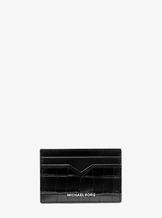 Michael Kors Hudson Crocodile-Embossed Leather Card Case BLACK Best