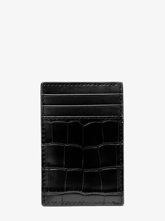 Michael Kors Hudson Crocodile-Embossed Leather Card Case BLACK Best