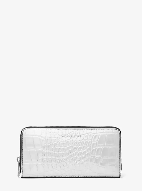 Michael Kors Hudson Metallic Crocodile Embossed Leather Zip-Around Wallet SILVER Online