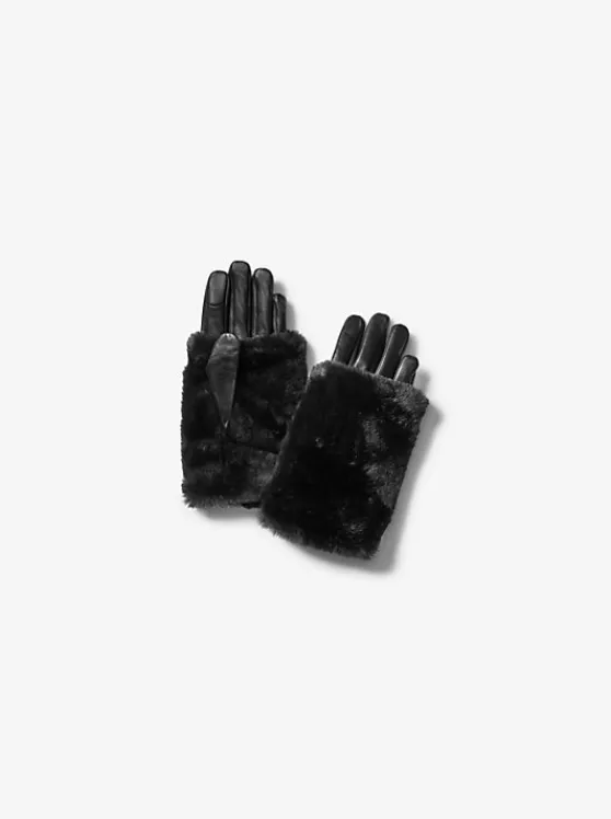 Michael Kors 2-in-1 Leather and Faux Fur Gloves BLACK Flash Sale