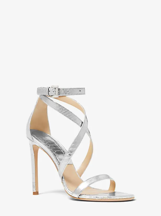 Michael Kors Ingrid Metallic Python Embossed Leather Sandal SHINYSILVER Cheap