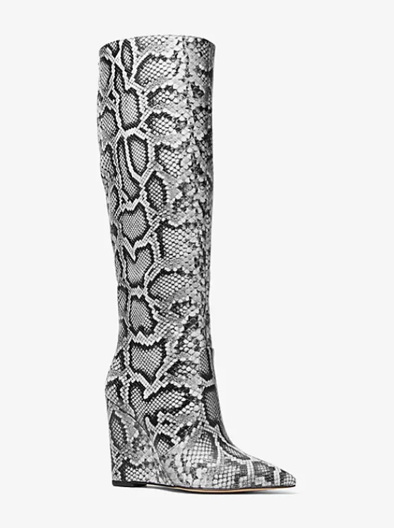 Michael Kors Isra Snake Embossed Leather Wedge Boot BLACK Best