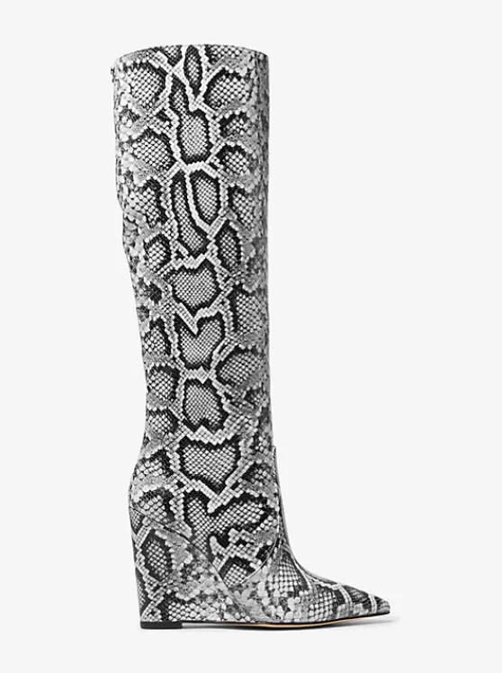 Michael Kors Isra Snake Embossed Leather Wedge Boot BLACK Best