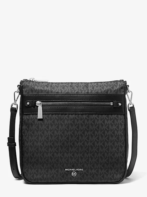 Michael Kors Jet Set Large Logo Print Woven Crossbody Bag BLACK Outlet