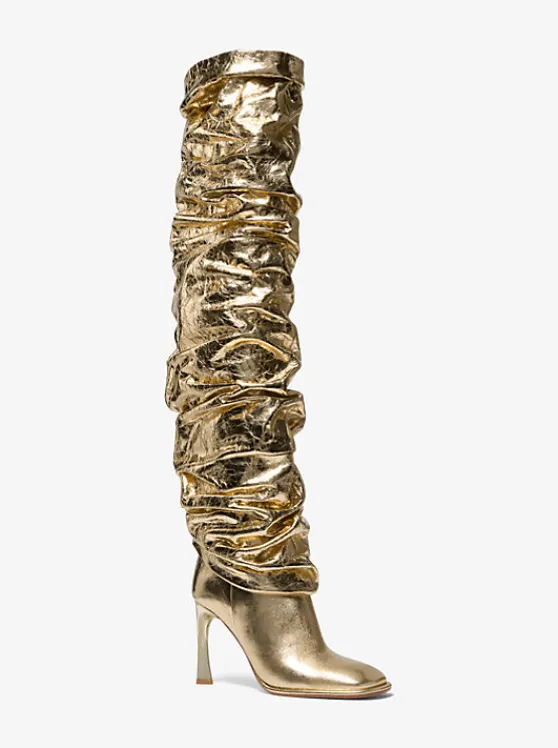 Michael Kors Kelsea Crackled Metallic Leather Slouchy Boot PALEGOLD New