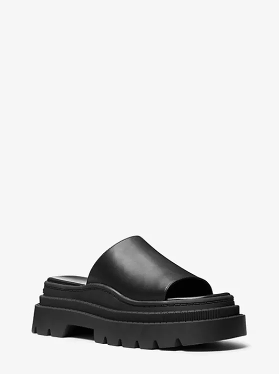 Michael Kors Kendra Leather Platform Slide Sandal BLACK Discount