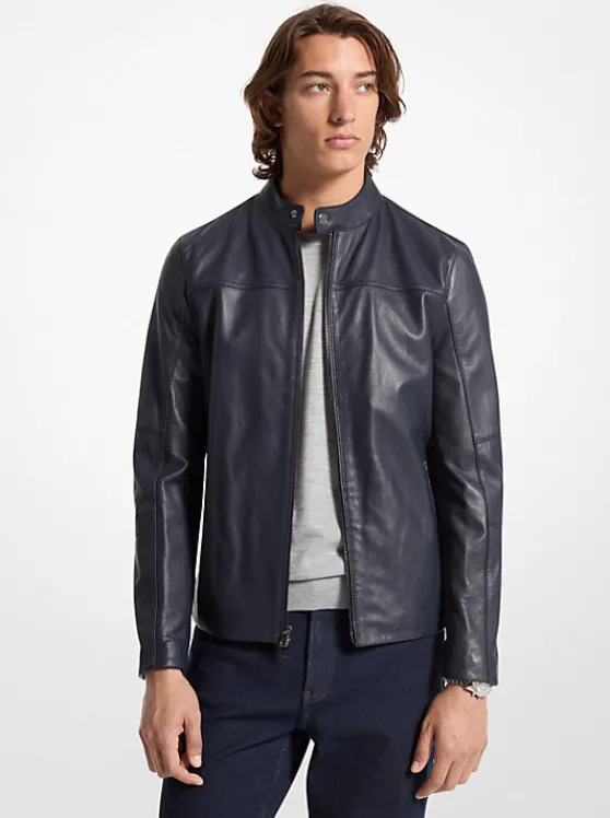 Michael Kors Leather Racer Jacket MIDNIGHT Cheap