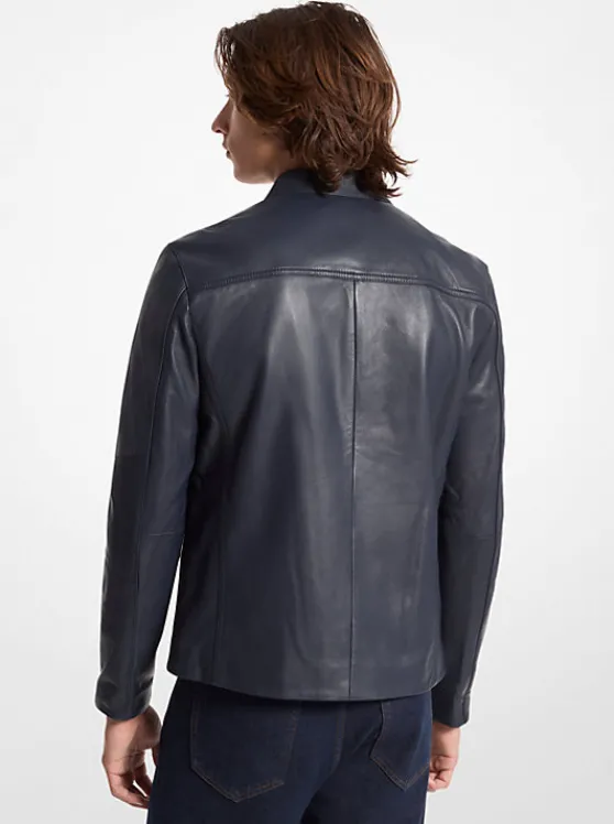 Michael Kors Leather Racer Jacket MIDNIGHT Cheap