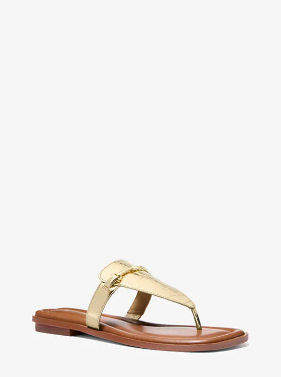 Michael Kors Lena Metallic Leather T-Strap Sandal PALEGOLD Sale