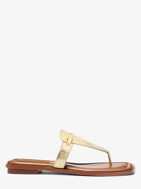 Michael Kors Lena Metallic Leather T-Strap Sandal PALEGOLD Sale