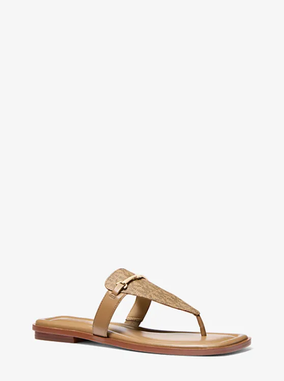 Michael Kors Lena Signature Logo and Leather T-Strap Sandal HUSK Clearance