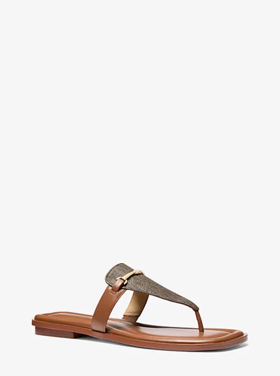 Michael Kors Lena Signature Logo and Leather T-Strap Sandal | BROWN/LUGGAGE Clearance