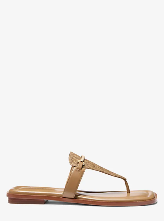 Michael Kors Lena Signature Logo and Leather T-Strap Sandal HUSK Clearance