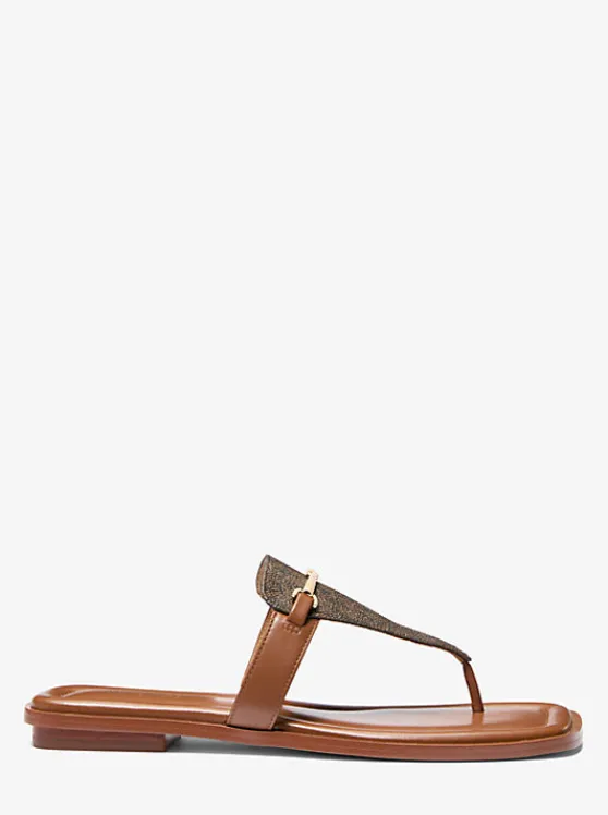 Michael Kors Lena Signature Logo and Leather T-Strap Sandal | BROWN/LUGGAGE Clearance