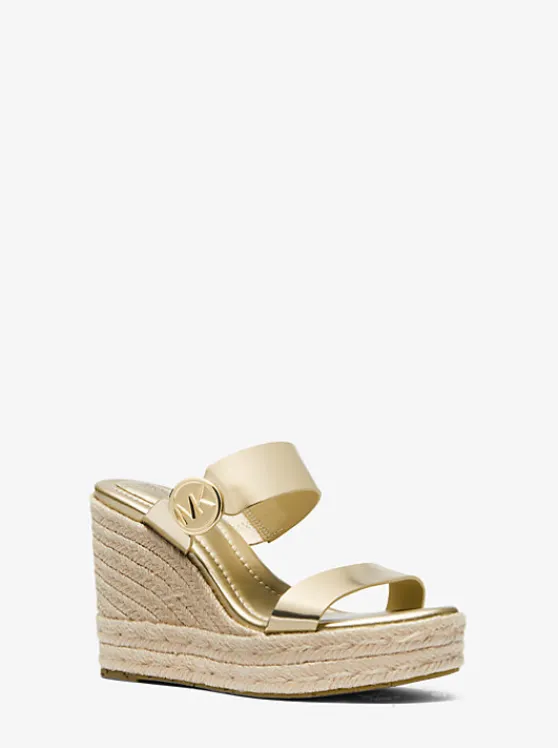 Michael Kors Lucinda Metallic Leather Wedge Sandal PALEGOLD Best Sale