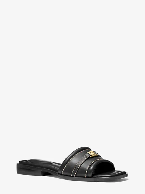 Michael Kors Mandy Leather Slide Sandal BLACK Clearance