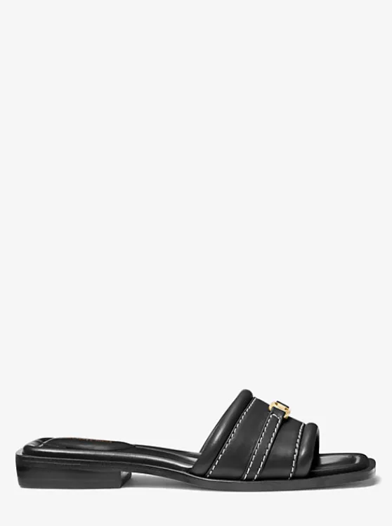 Michael Kors Mandy Leather Slide Sandal BLACK Clearance