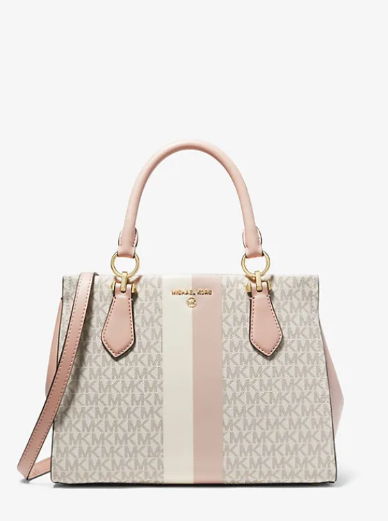 Michael Kors Marilyn Medium Logo Stripe Satchel VANILLA/SOFTPINK Online