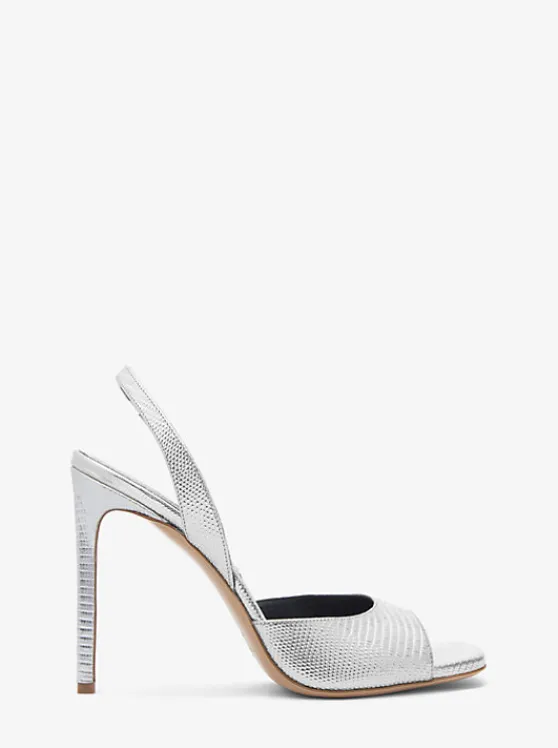 Michael Kors Marisa Metallic Lizard Embossed Leather Sandal | SILVER Cheap