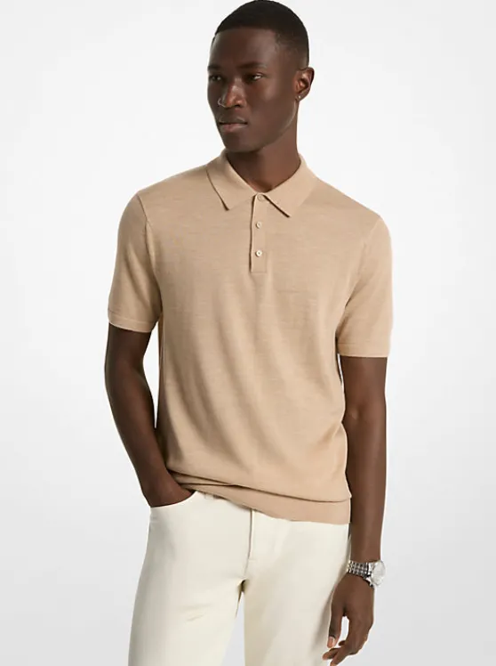 Michael Kors Merino Wool Polo Shirt KHAKIMELANGE Cheap