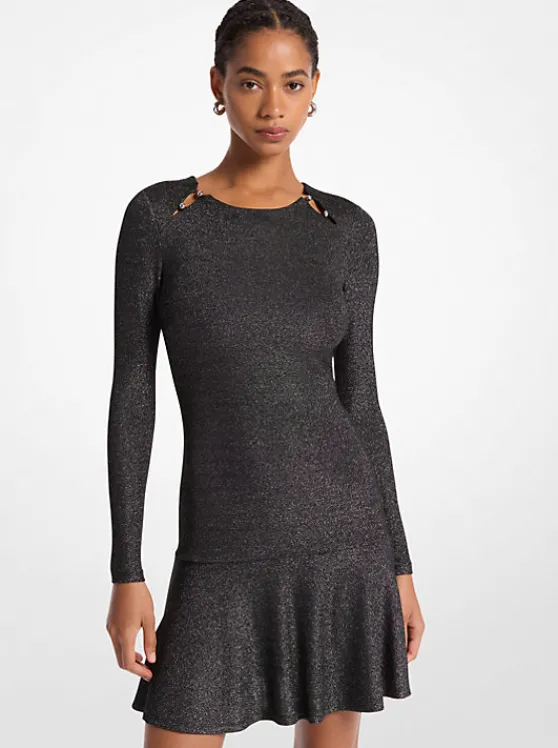 Michael Kors Metallic Knit Long Sleeve Dress BLACK/SILVER Discount