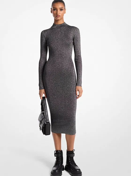 Michael Kors Metallic Knit Mock Neck Dress | BLACK/SILVER Flash Sale