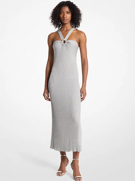 Michael Kors Metallic Knit Ring Halter Dress SILVER Online