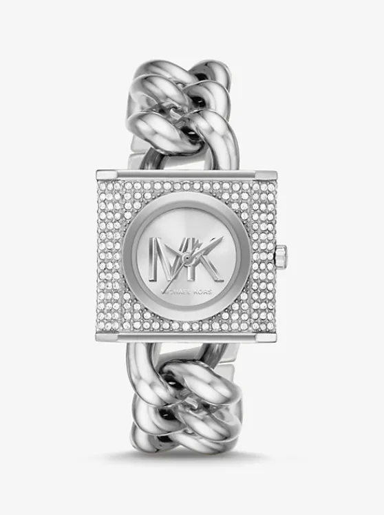 Michael Kors Mini Lock Pavé -Tone Chain Watch SILVER Clearance