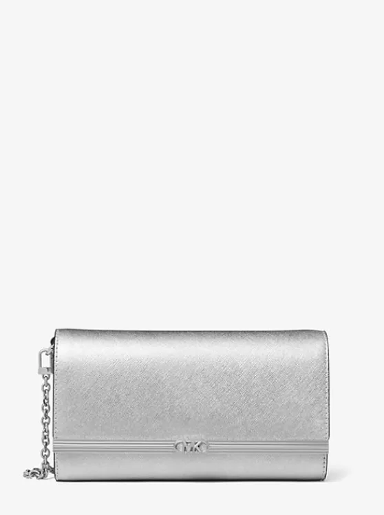 Michael Kors Mona Large Metallic Saffiano Leather Clutch SILVER Outlet