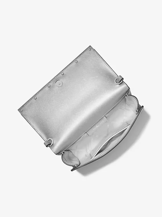 Michael Kors Mona Large Metallic Saffiano Leather Clutch SILVER Outlet