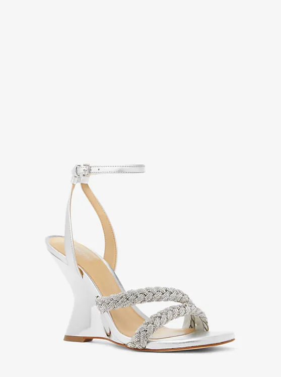 Michael Kors Nadina Embellished Metallic Leather Wedge Sandal SILVER Cheap