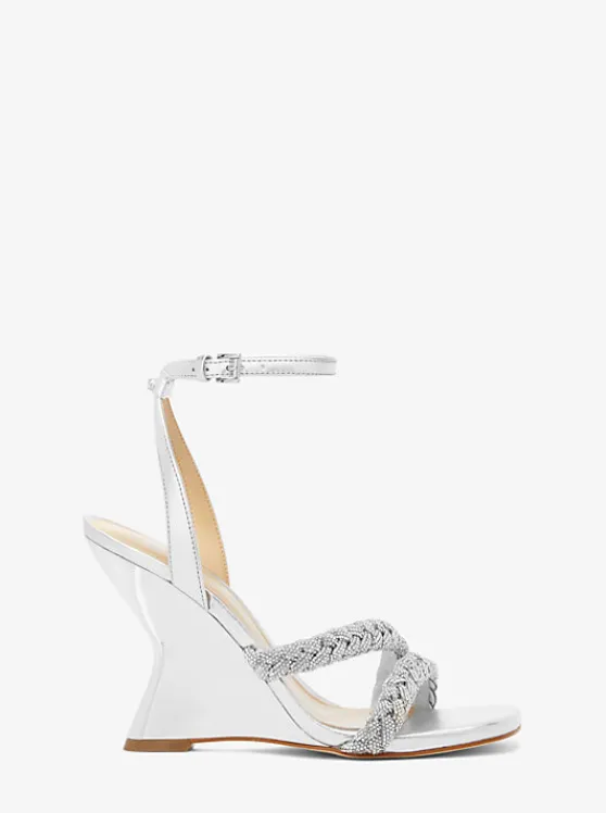 Michael Kors Nadina Embellished Metallic Leather Wedge Sandal SILVER Cheap