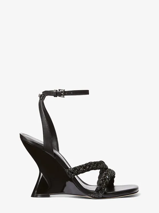 Michael Kors Nadina Embellished Patent Leather Wedge Sandal BLACK Sale