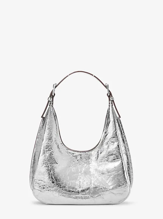 Michael Kors Nolita Small Metallic Crackled Leather Hobo Shoulder Bag SILVER Hot