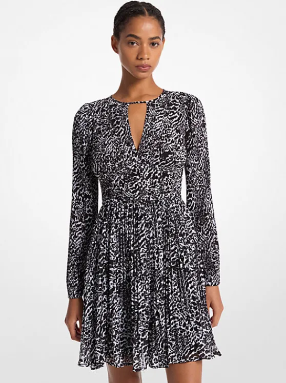 Michael Kors Ocelot Print Georgette Dress WHITE/BLACK Discount