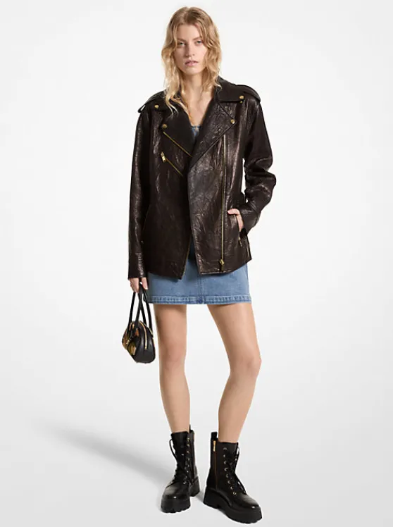 Michael Kors Oversized Crinkled Leather Moto Jacket BLACK Shop